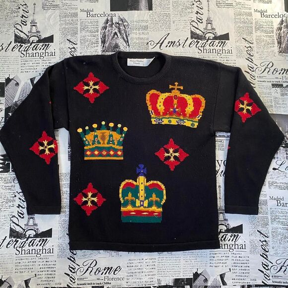 Marisa Christina Classics vintage 80s Women's Black sweater crown royal print - Picture 1 of 4